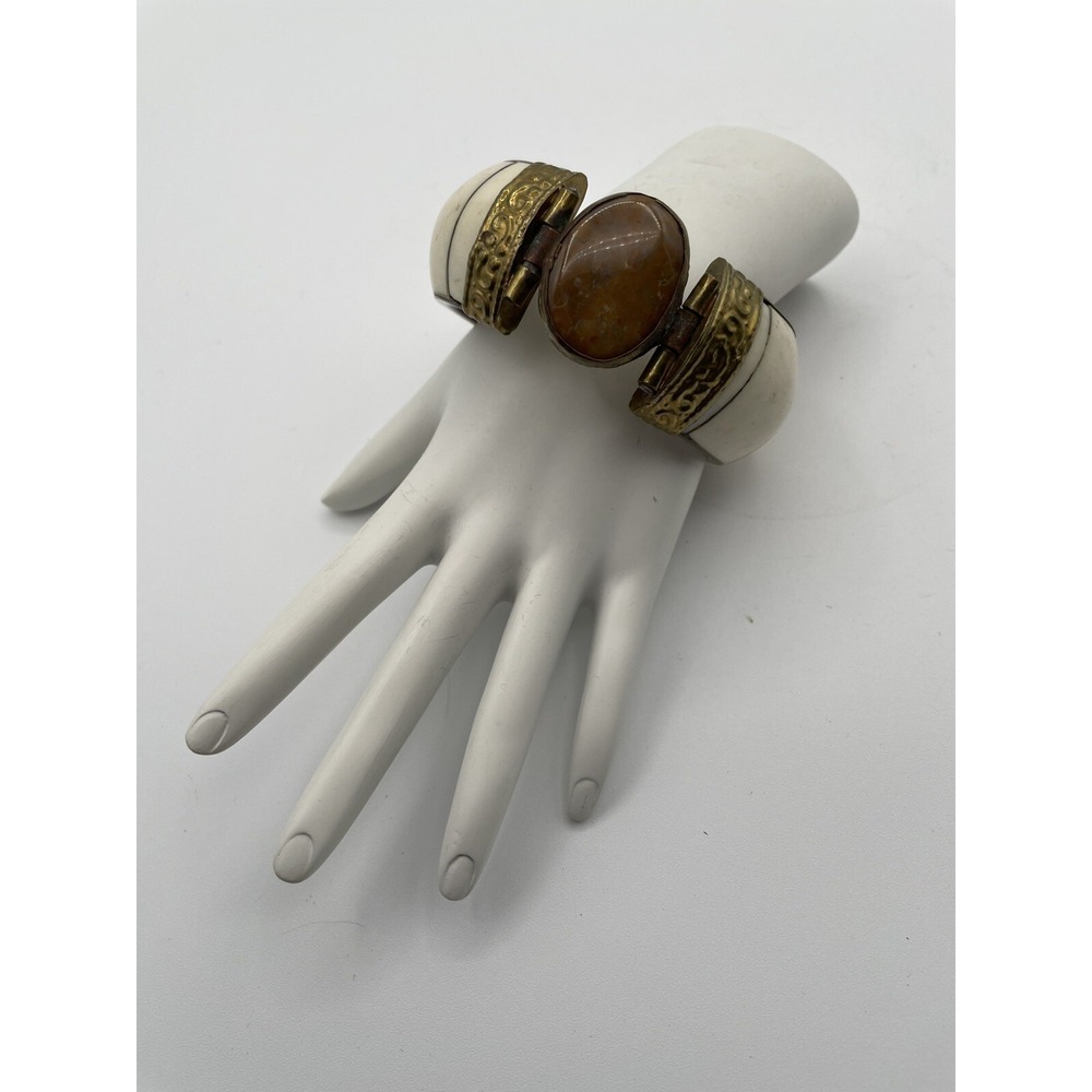Vintage Clamper Tribal Bangle Horn Bone Brass Agate Gemstone Hinged Bracelet